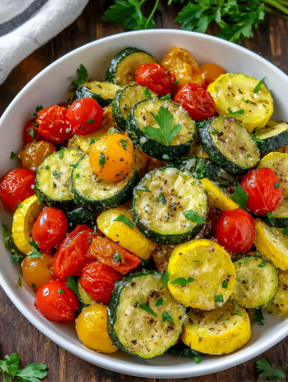 Ein wei&szlig;er Teller mit einer Mischung aus Zucchini, Tomaten, Paprika und Zwiebeln.