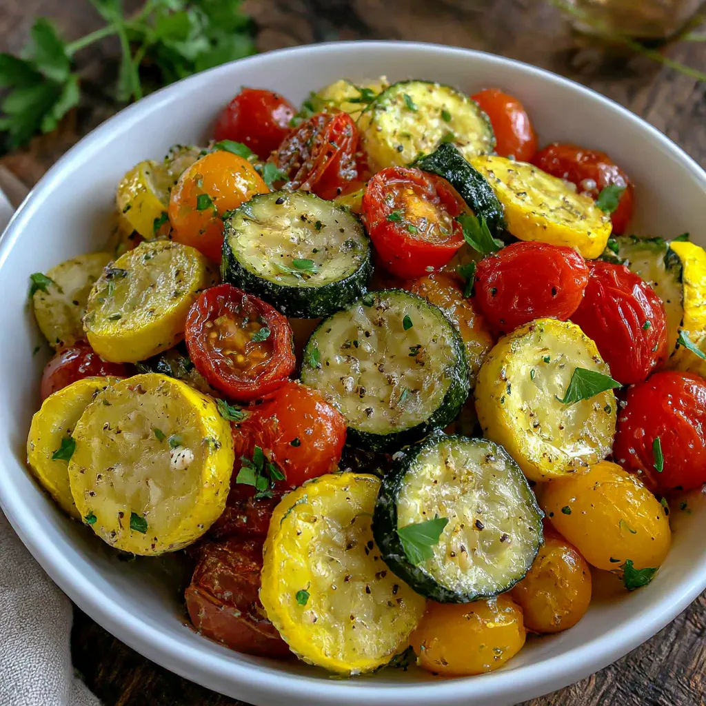 Ein weißer Teller mit einer Mischung aus Zucchini, Tomaten, Basilikum und Zwiebeln.