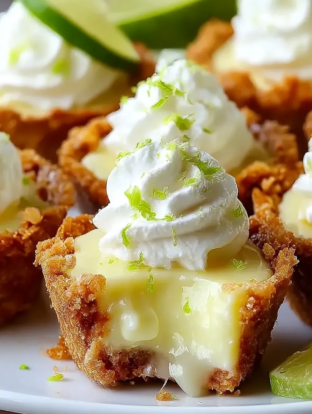 Ein kleiner, leckerer Key Lime Pie mit Cream auf einem weißen Teller.