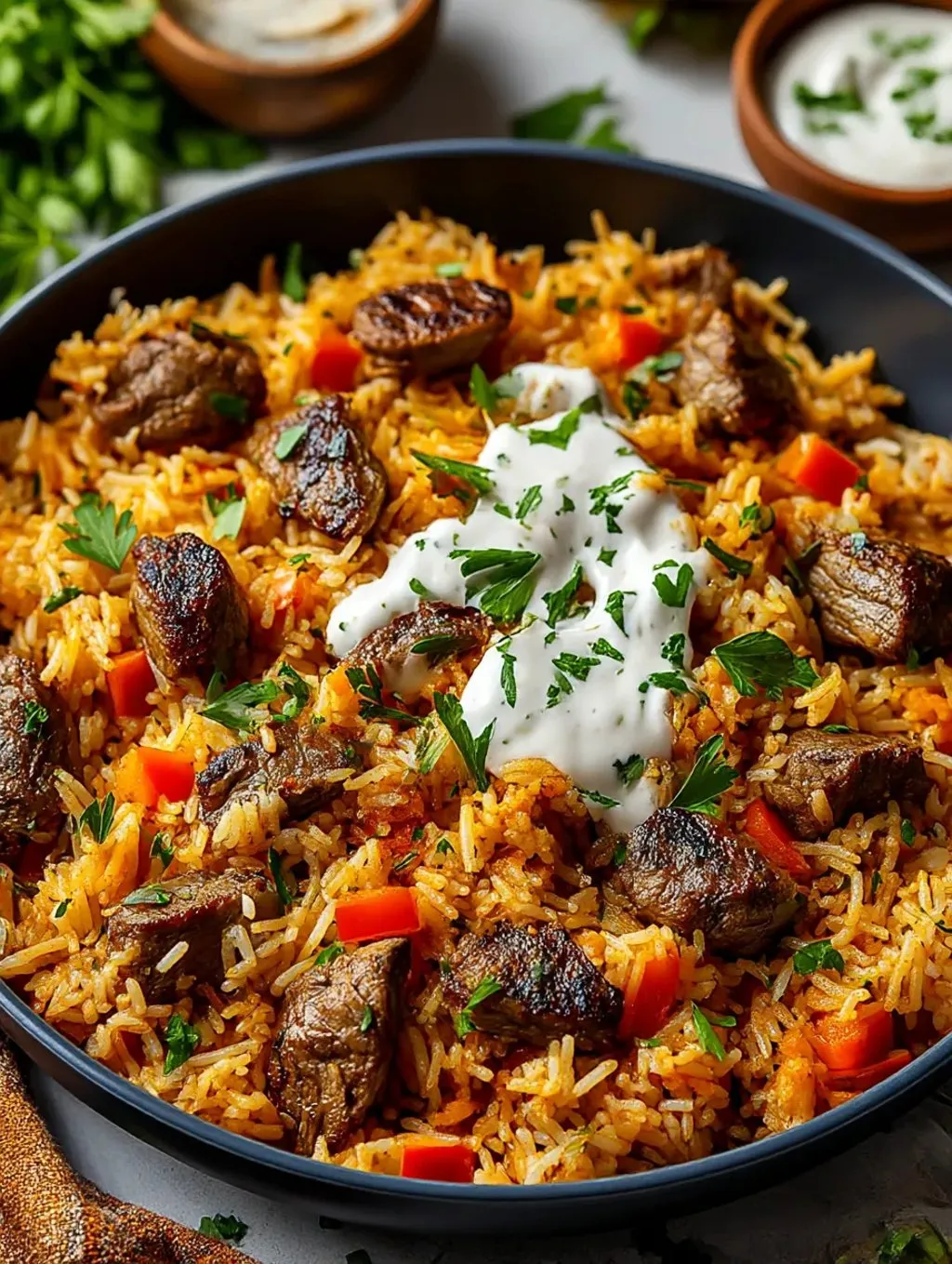 Ein Rice Bowl mit Steak und Queso.
