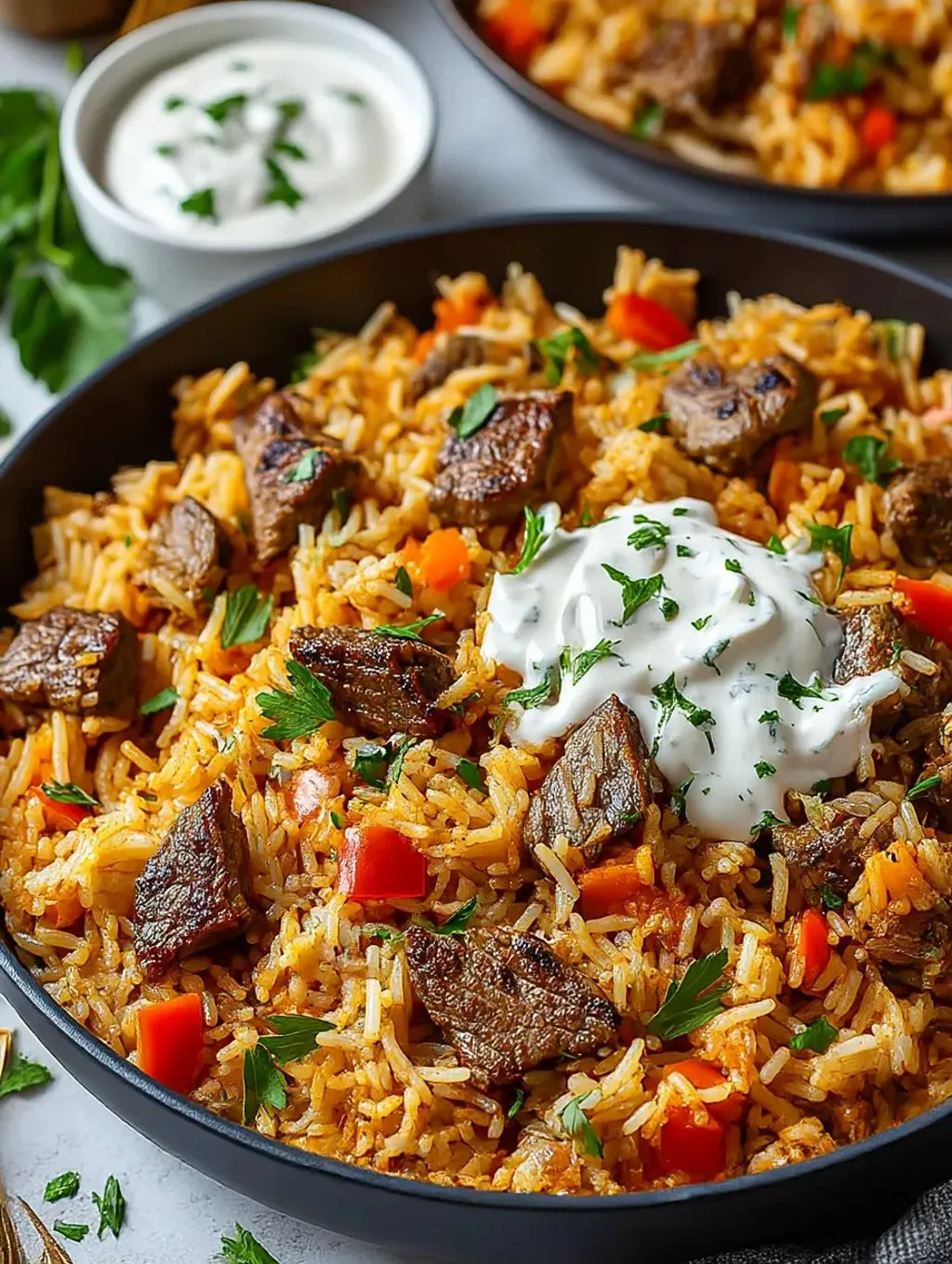 Ein Rice Bowl mit Steak und Queso.