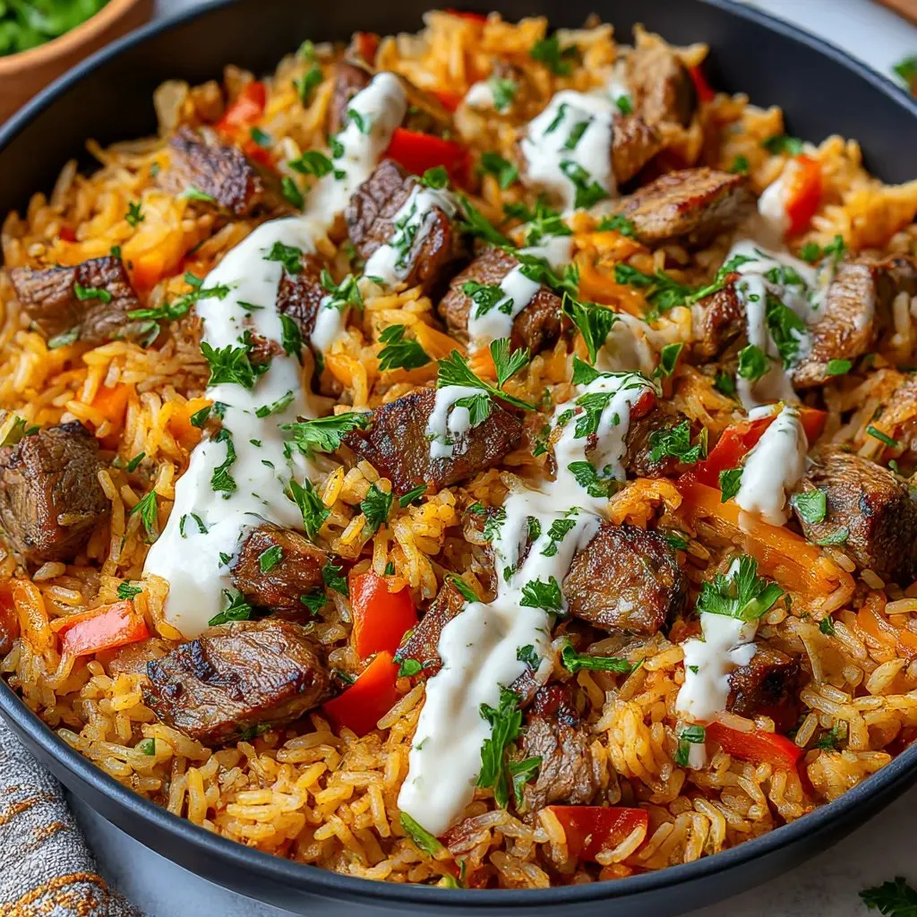 Ein Rice Bowl mit Steak und Queso.