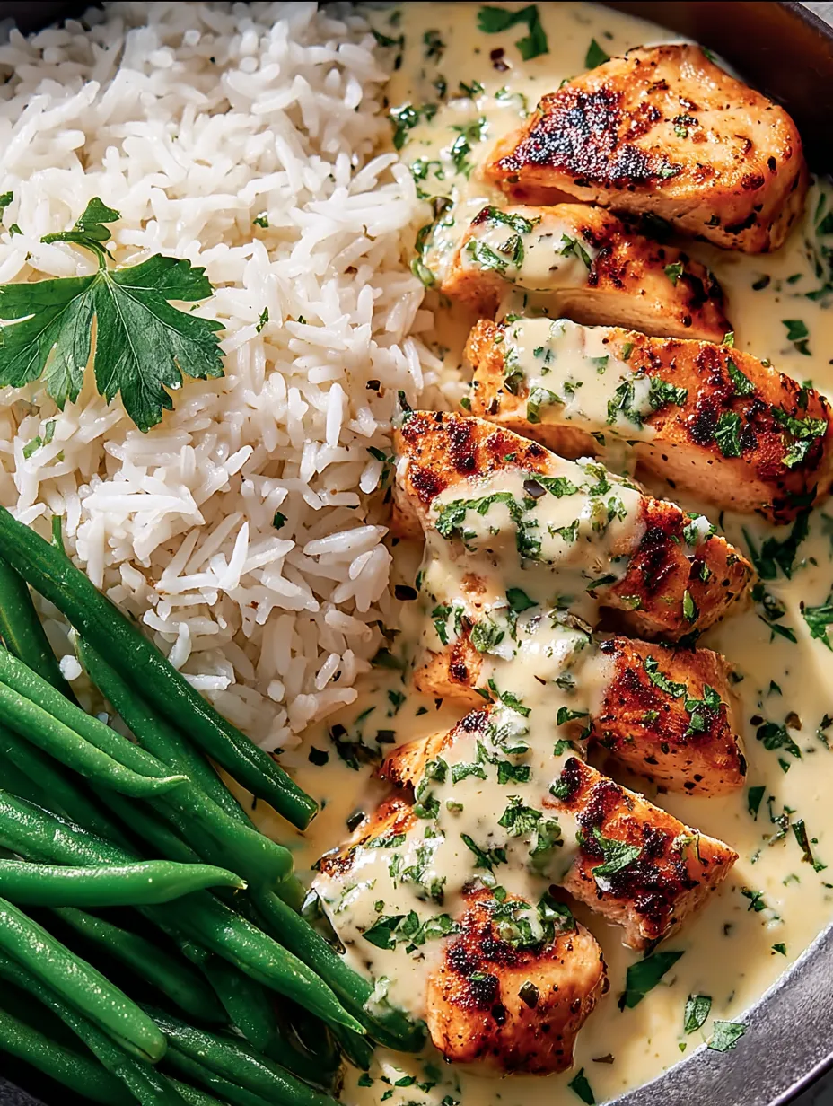 Eine Platte mit gegrillten Steakchen, Rice und grünen Bohnen.