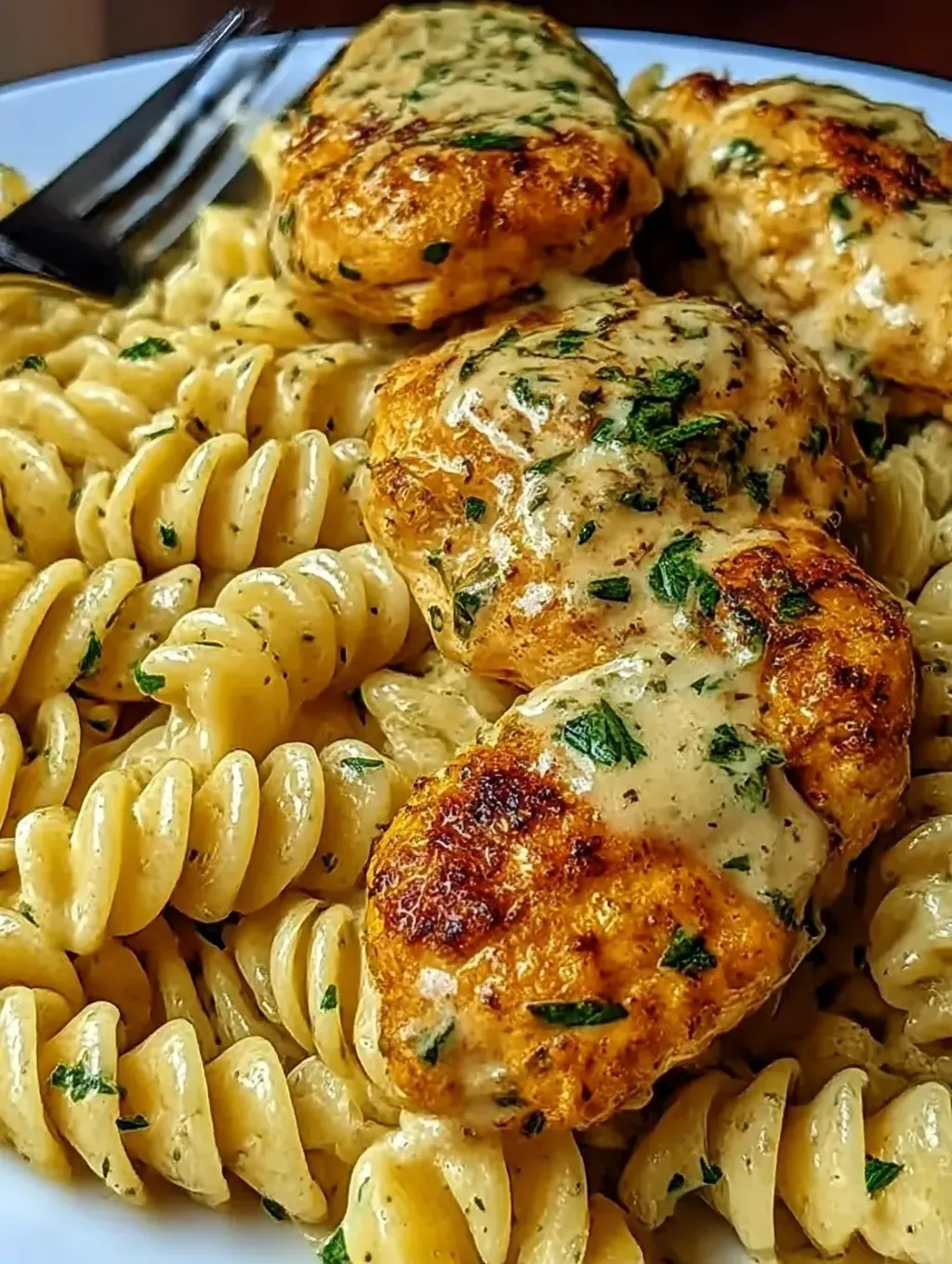 Ein Bild von einer Schüssel mit Creamy Garlic Parmesan Chicken und Cheesy Twisted Pasta.