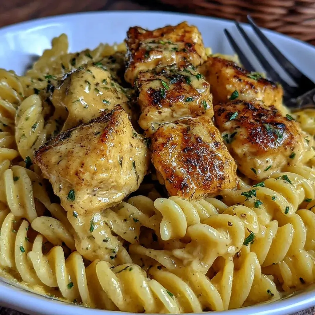 Ein weißer Teller mit Pasta und Zwiebeln.