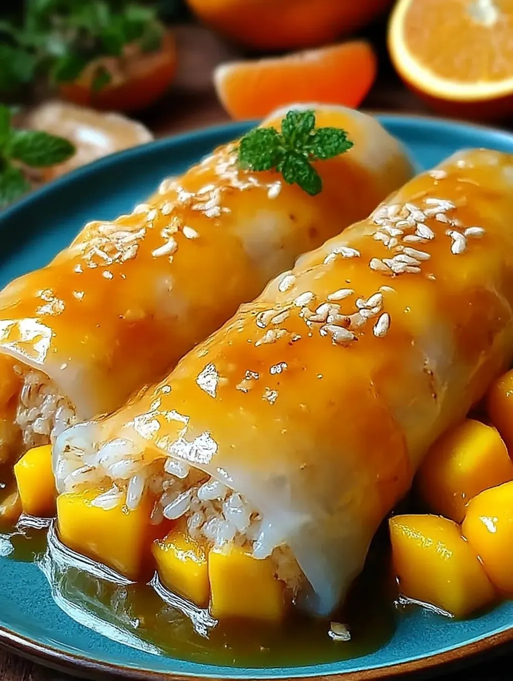 Ein Bild von Sweet Mango Sticky Rice Rolls, die auf einem Teller liegen.