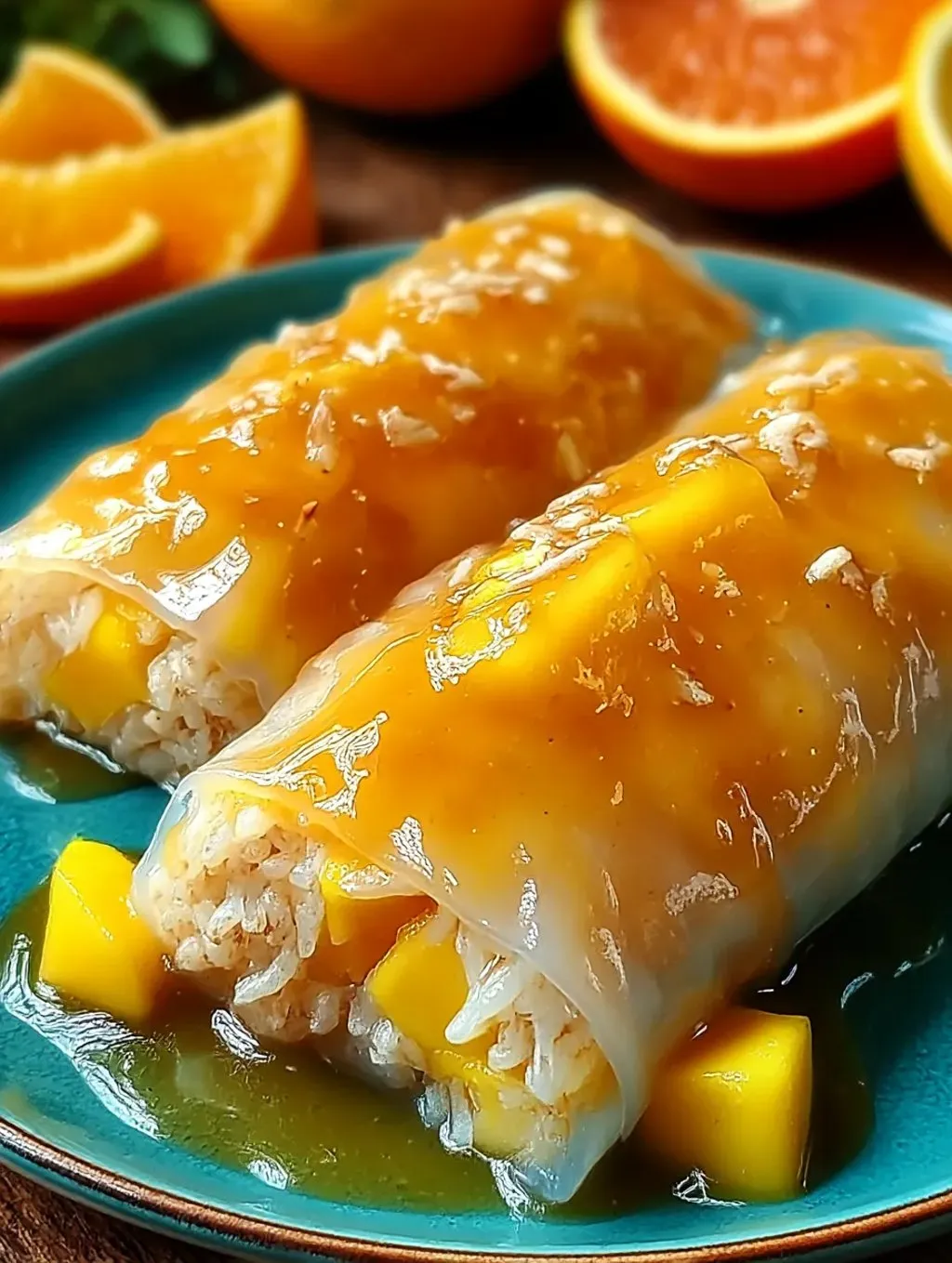 Ein Plate mit zwei Sticky Rice Rolls, die mit Mango und Sauce garniert sind.