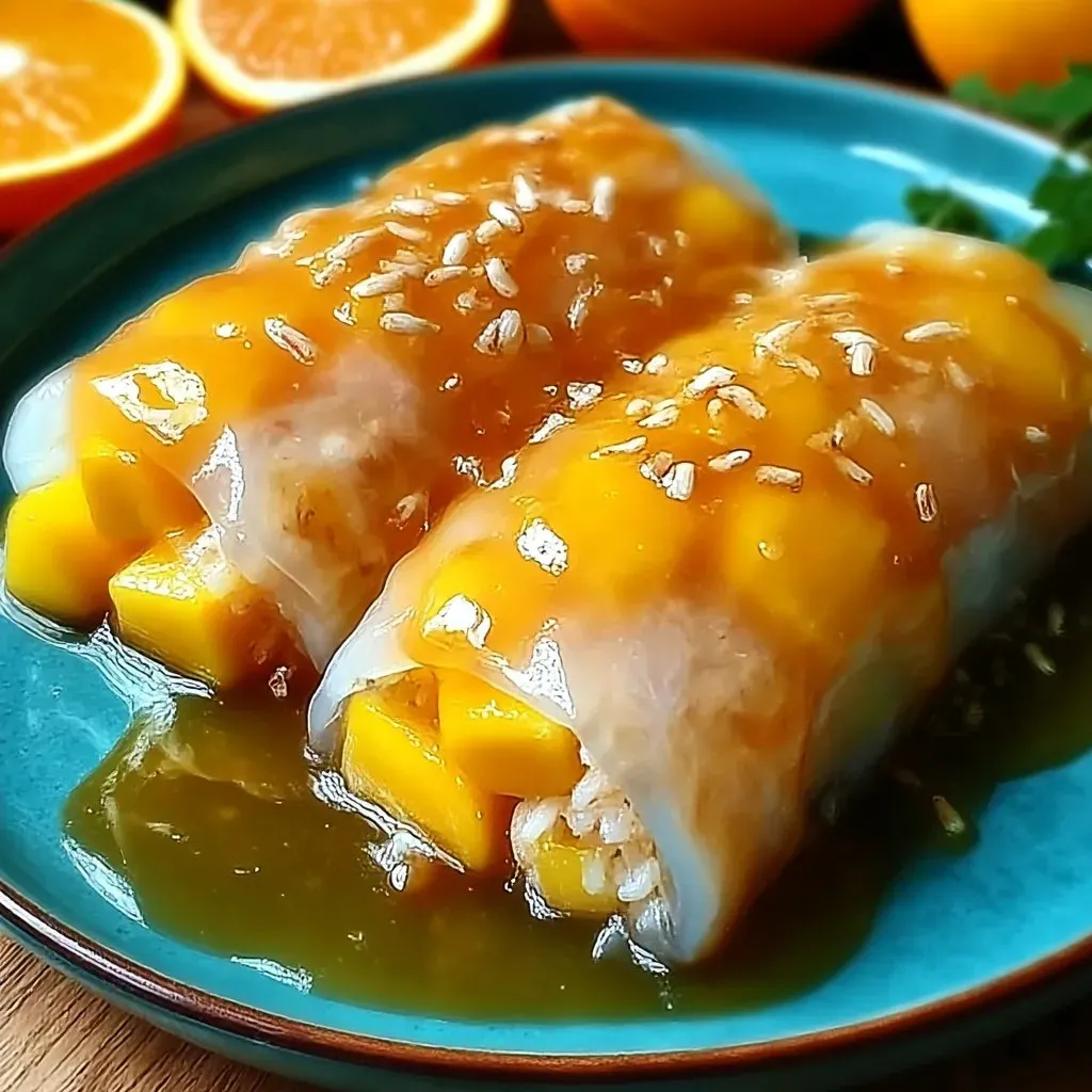 Ein blauer Teller mit zwei Sticky Rice Rolls, die mit Mango und Gewürzen garniert sind.