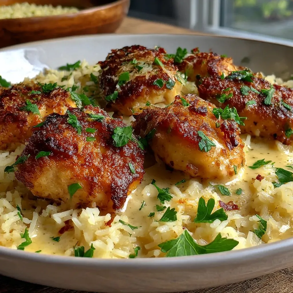 Ein Plate mit Chicken Scampi und Garlic Parmesan Rice.
