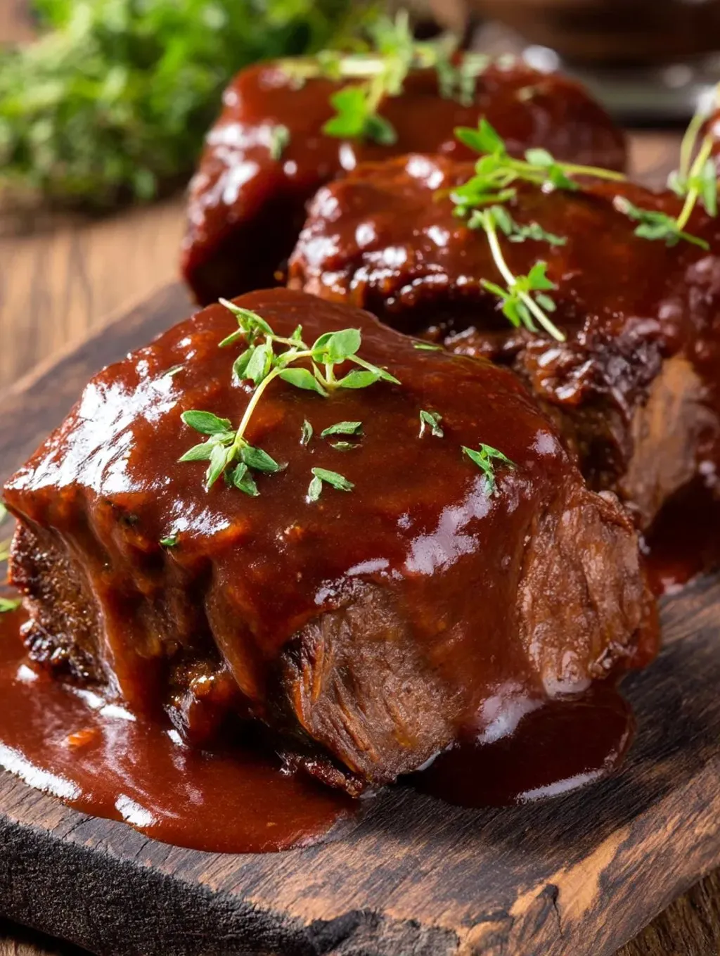 Eine Tafel mit gegrilltem Fleisch, das in Sauce getaucht ist.
