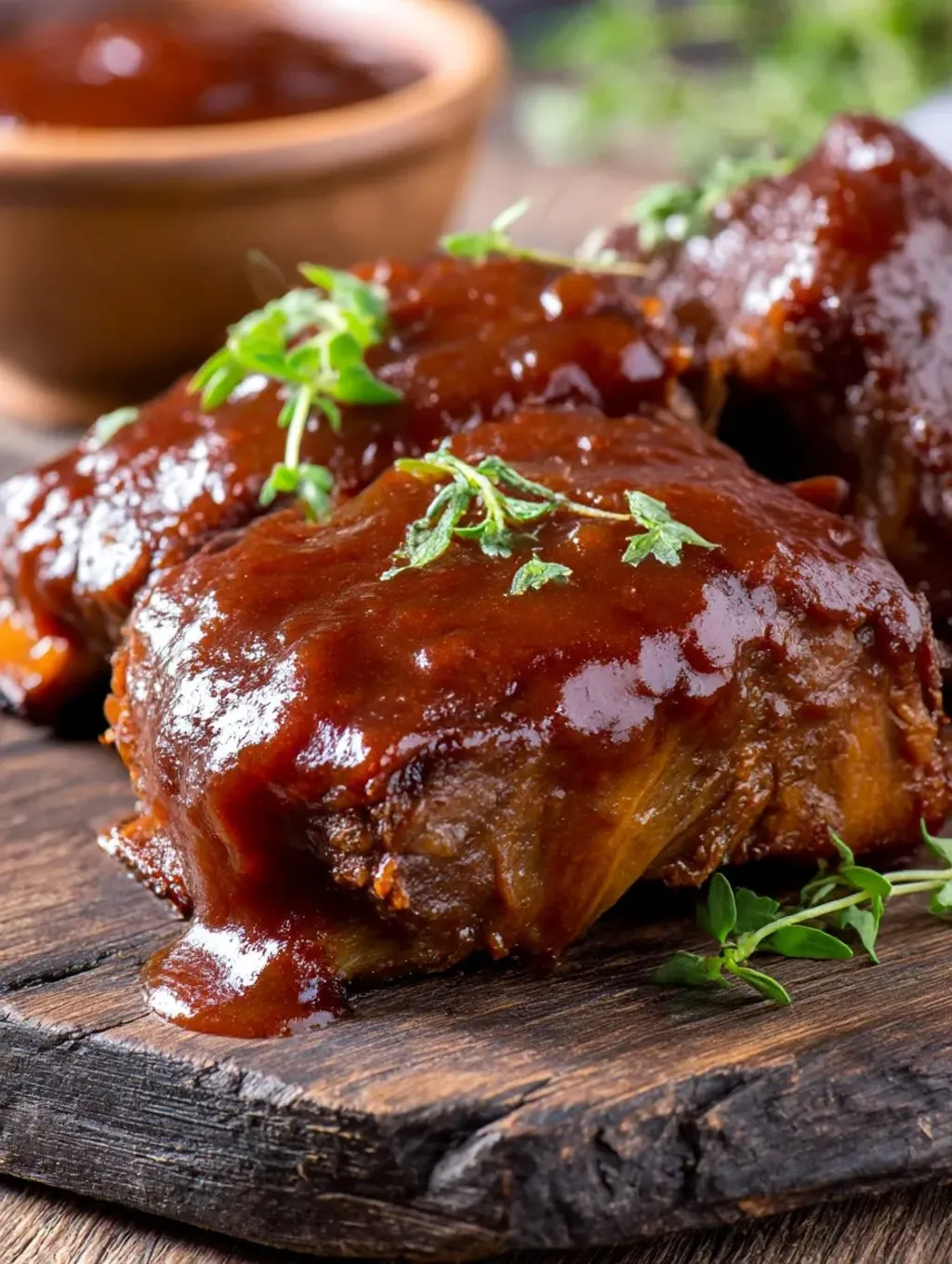 Eine Tafel mit einer Schüssel, die mit Barbecue-Sauce gefüllt ist. Darauf sind einige Stücke von Barbecue-Ham, die mit Parsley garniert sind.