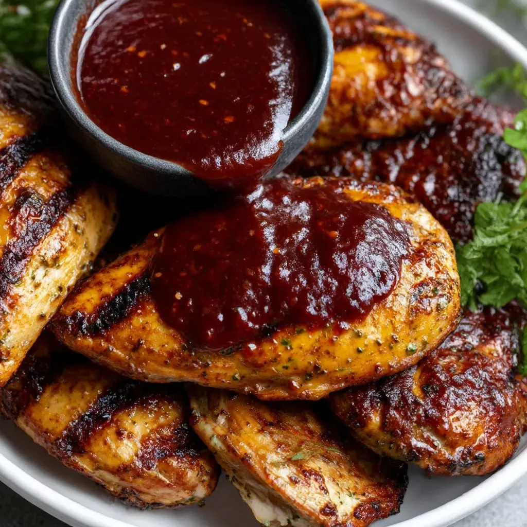 Ein weißer Teller mit einer Sauce, die in einem schwarzen Behälter mit einer Schnitte von Chicken.