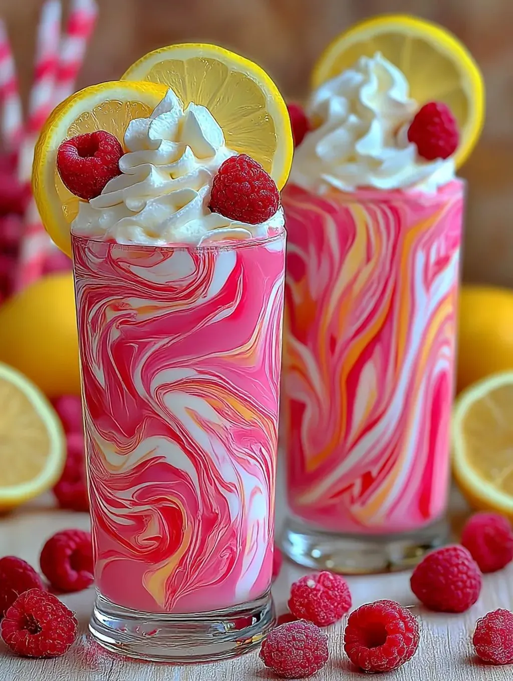 Zwei leckere Pink-Lemonade-Getränke mit Raspberry-Schnitte und Zitrone-Schnitte.