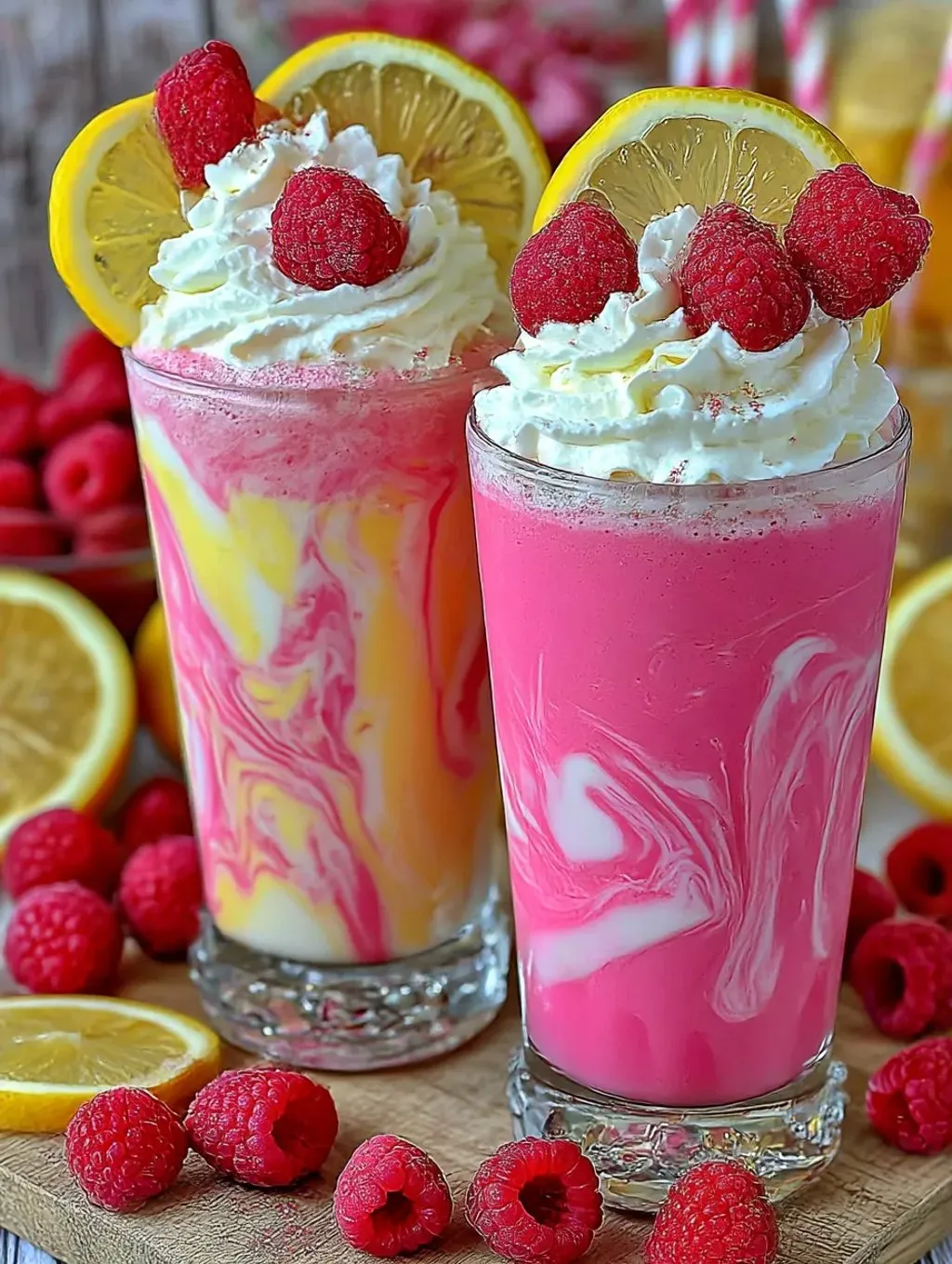 Zwei Glas mit Pink-Lemonade und Raspberry-Smoothie mit Raspberries und Zitronen umgeben.