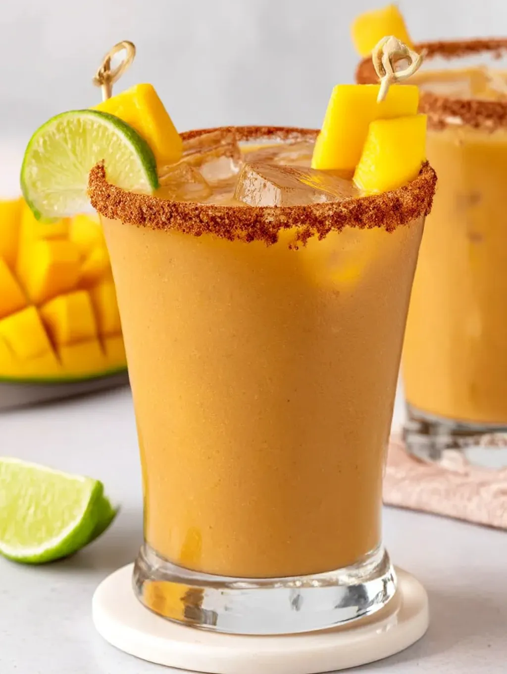 Ein Glas mit frischem Obst, darunter Pineapple und Mango, wird mit Stäbchen garniert.
