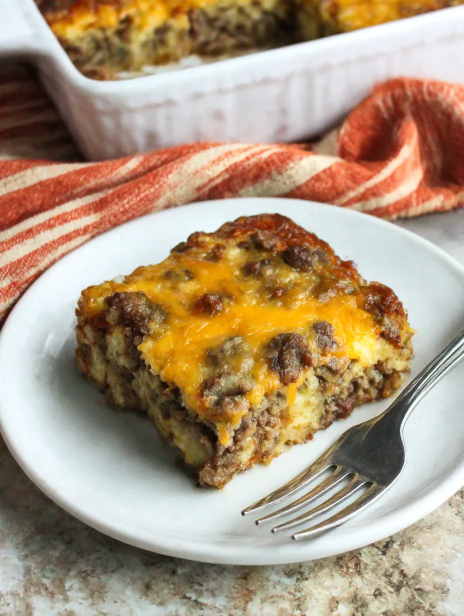 Ein weißer Teller mit einem Stück Low Carb Keto Taco Casserole Bake darauf.