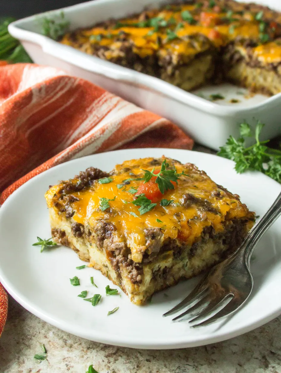 Ein weißer Teller mit einem Stück Low Carb Keto Taco Casserole Bake darauf.