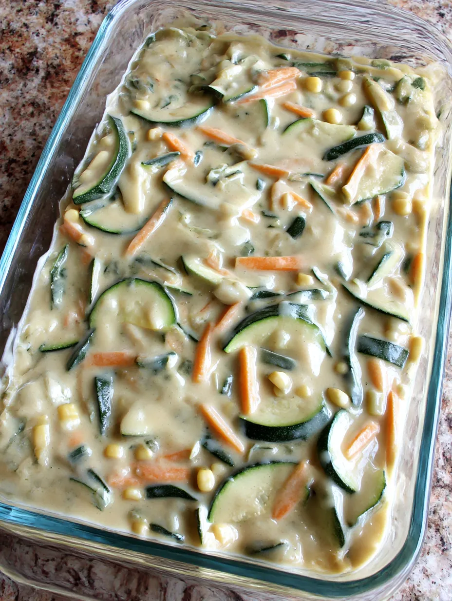 Ein Glas mit Zucchini Corn Casserole, das mit Zucchini, Kartoffeln und Mais zubereitet wurde.