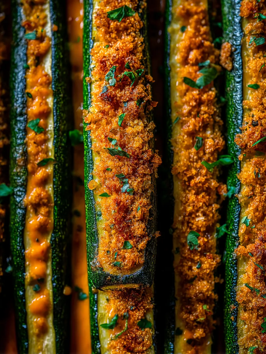 Eine Reihe von Zucchini, die in Garlic Parmesan Roasted Zucchini getaucht sind.