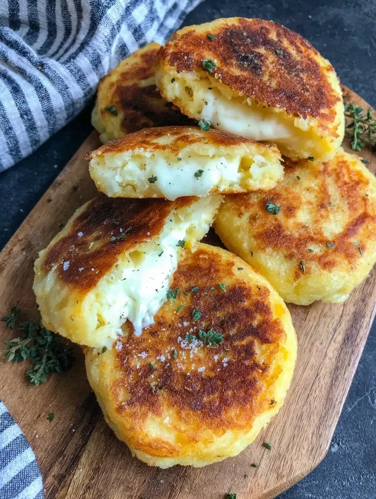 Eine Platte mit mehreren golden braunen, cheesigen Stuffed Potato Cakes auf einem Tisch.