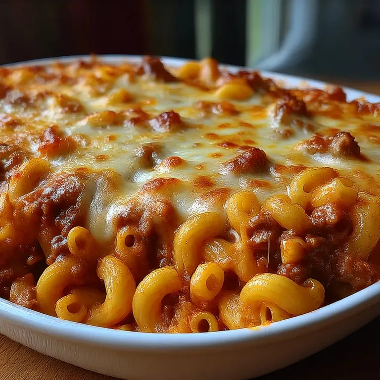 Ein weißer Teller mit einer Pizza, die aus Macaroni und Käse besteht.