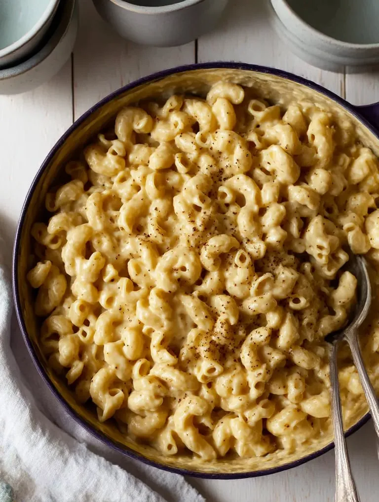Ein BOWL mit macaroni und cheese auf einem Tisch.
