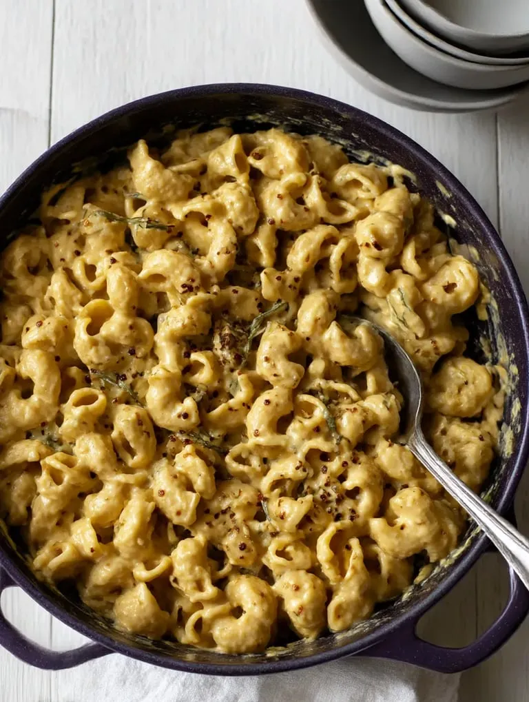 Ein Schalen mit Macaroni und Käse auf einem Tisch.