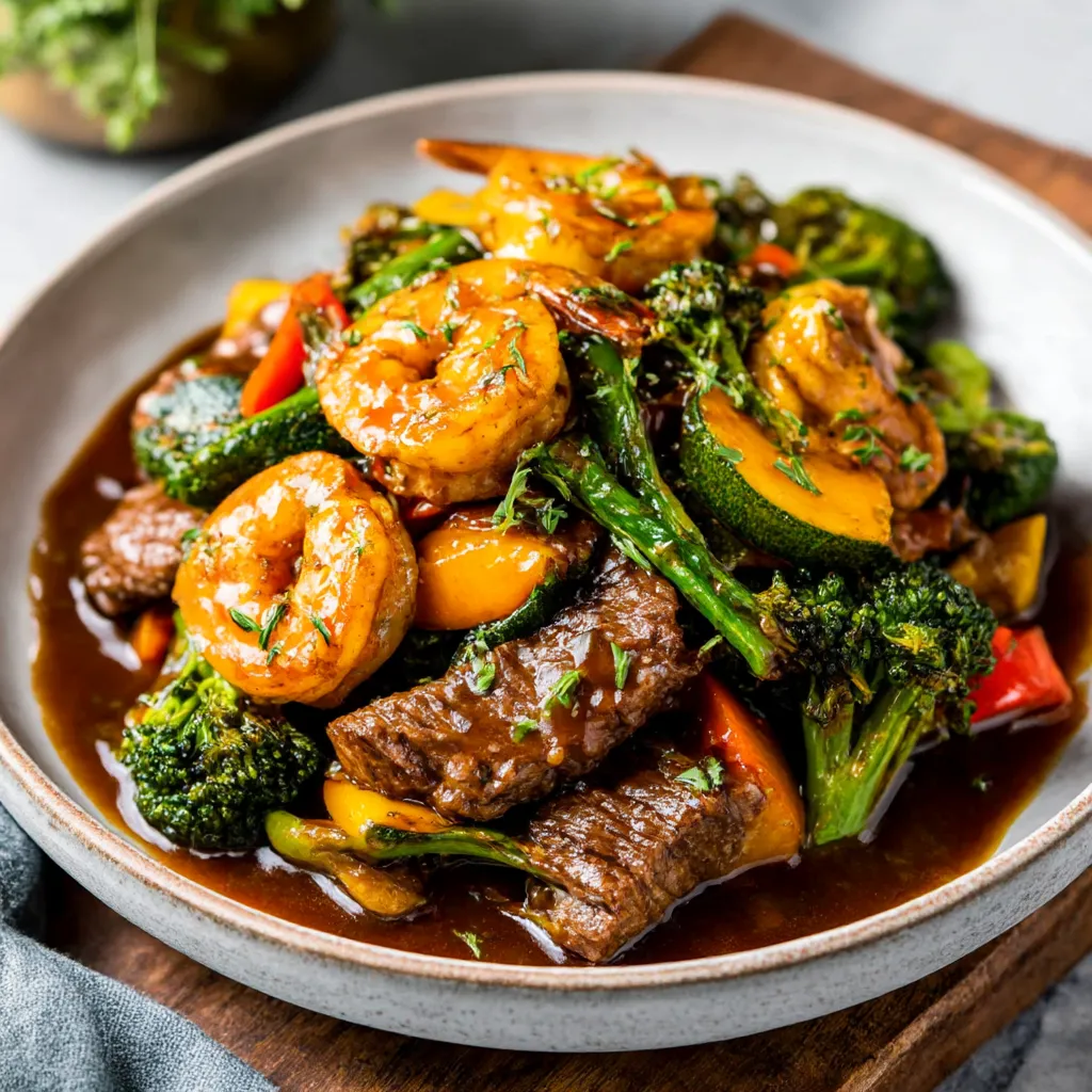 Ein Plate mit einer Mischung aus Gemüse und Fleisch