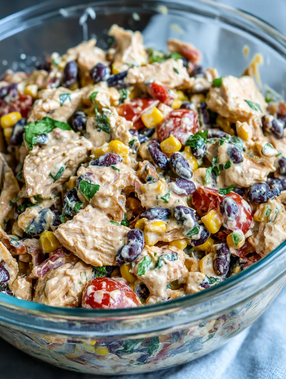 Ein Glas mit Zesty Southwest Chicken Salad, das aus Gemüse, Kartoffeln, Tomaten, Koriander und Chicken besteht.