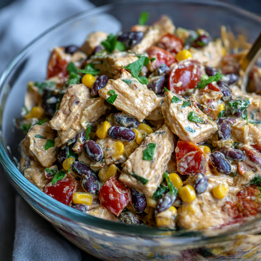 Ein Glas mit Zesty Southwest Chicken Salad, das aus Kartoffeln, Tomaten, Koriander, Beans und Chicken besteht.