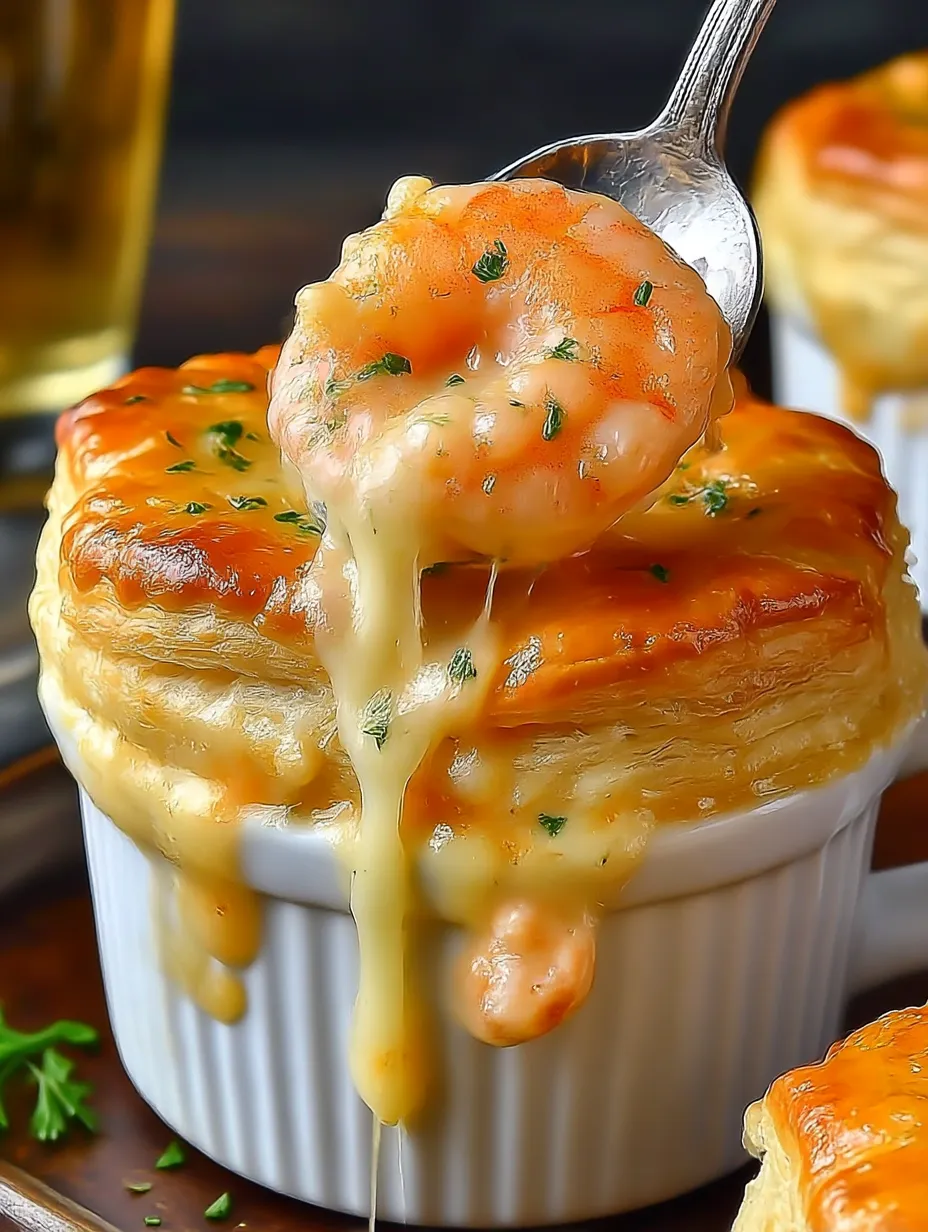 Eine Meeresfrüchte-Pastete-mit-Cheddar-Bay-Biscuit-topping wird aus einer Schüssel serviert.
