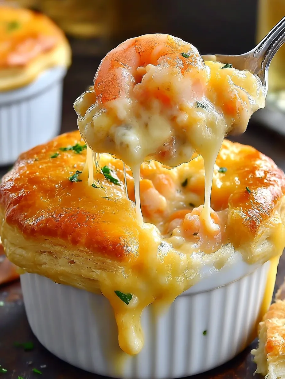 Eine Meeresfrüchte-Pastete-mit-Cheddar-Bay-Biscuit wird aus einer Schüssel gegeben.