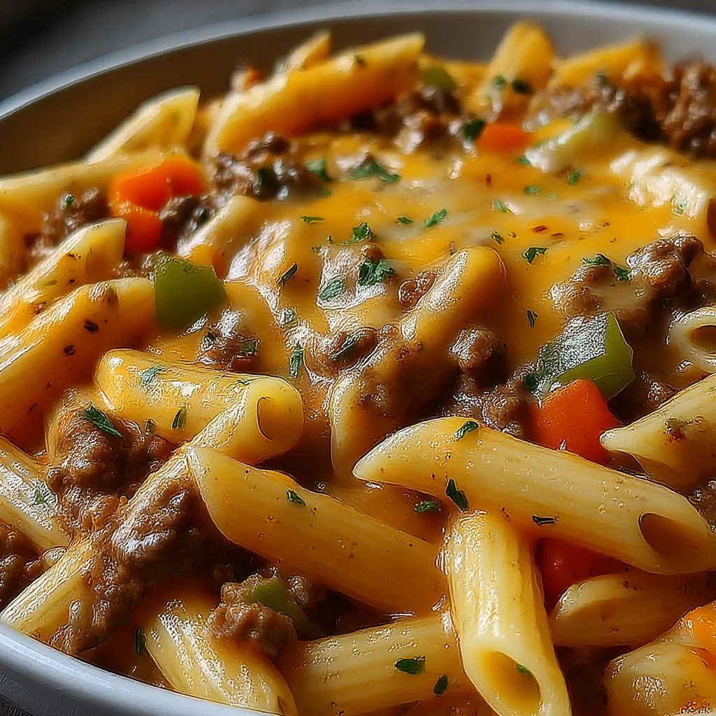 Ein weißer Teller mit Penne-Nudeln und Käse-Sauce.