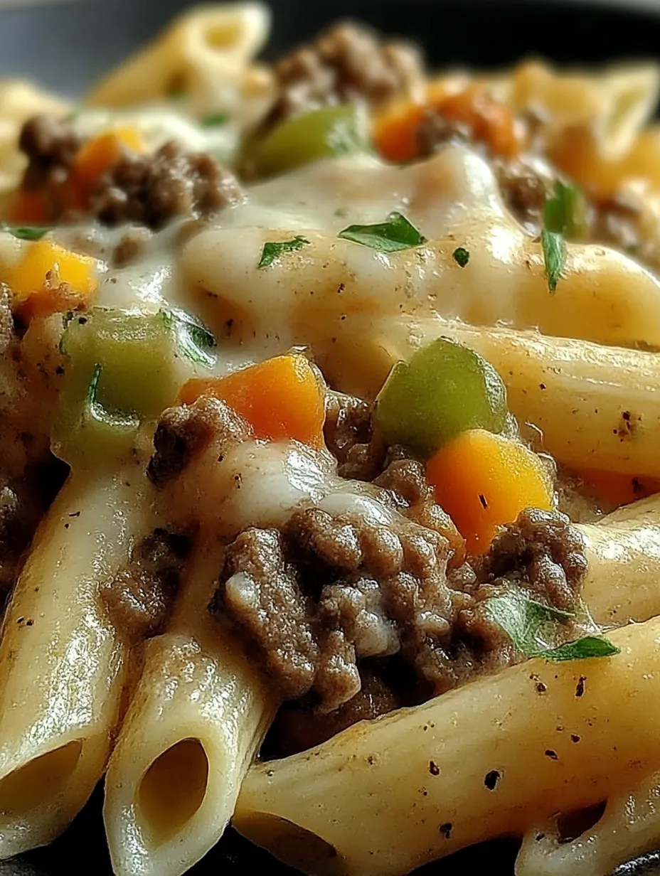 Eine Schüssel mit Penne-Nudeln, die mit Rindfleisch, Zwiebeln und Karotten garniert sind.