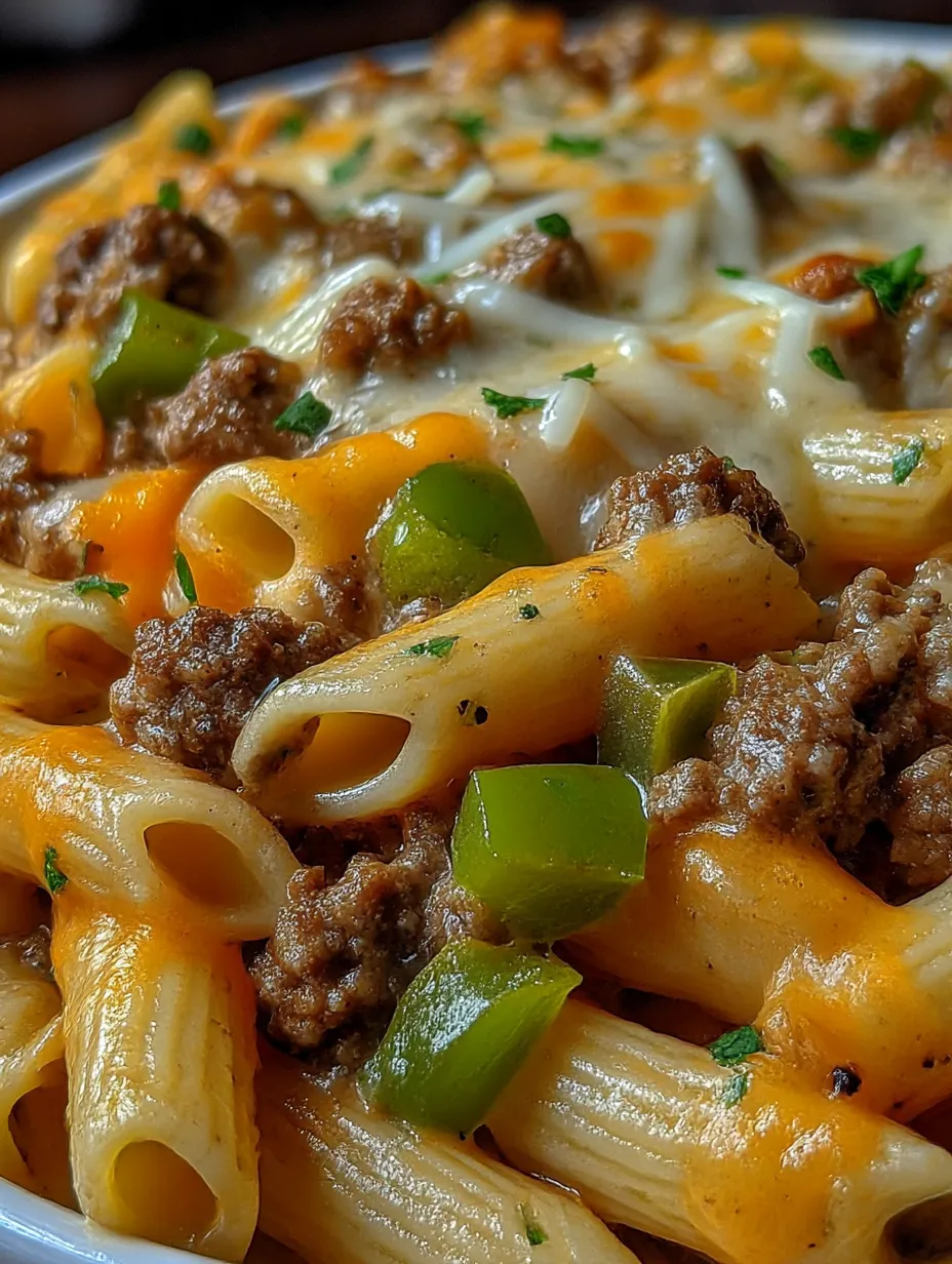 Ein Bild von Penne mit Käse, Paprika und Zwiebeln.