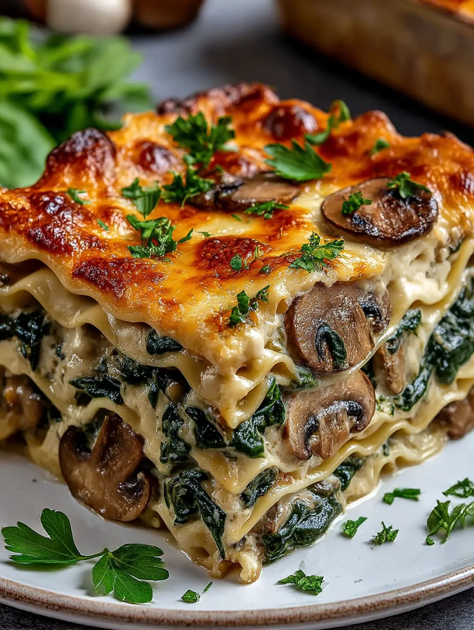 Eine große, grüne Lasagne mit vielen mühevollen Zutaten wie Spinat, Mushrooms, Zwiebeln und Tomaten.