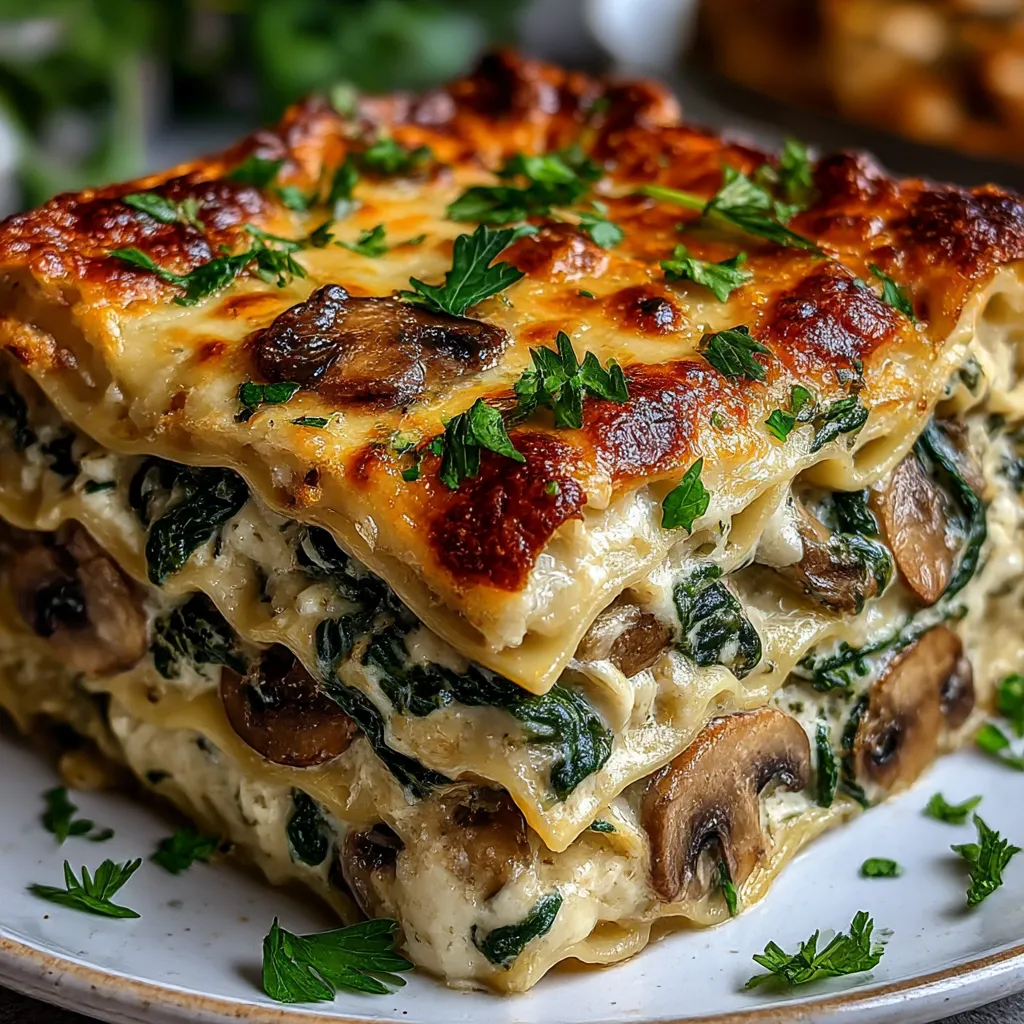 Eine große, einzelne Portion von Lasagna mit vielen möglichen Zutaten wie Mushrooms, Spinach, Tomaten, Zwiebeln und Käse.