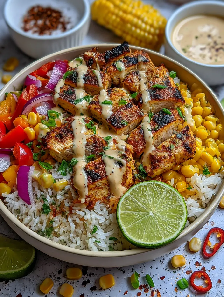 Ein Buntes Gemüse-Rice-Gericht mit gegrilltem Fleisch, garniert mit Zwiebeln, Lime und Koriander.