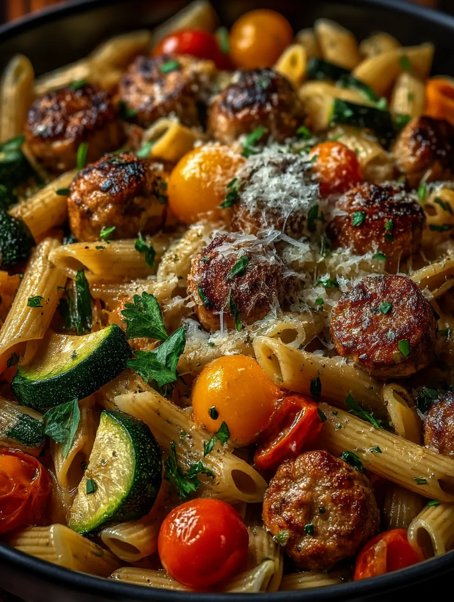 Eine prägnante Bildbeschreibung auf Deutsch lautet: "Ein Bild von Pasta mit Zwiebeln, Tomaten, Paprika, Zucchini und Kokosnuss.