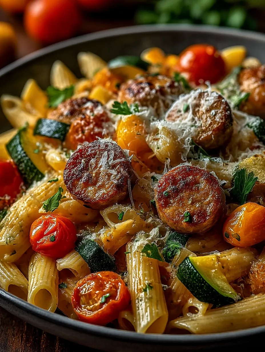 Eine Schüssel mit Pasta, Zucchini, Tomaten, Zwiebeln und Sausage.