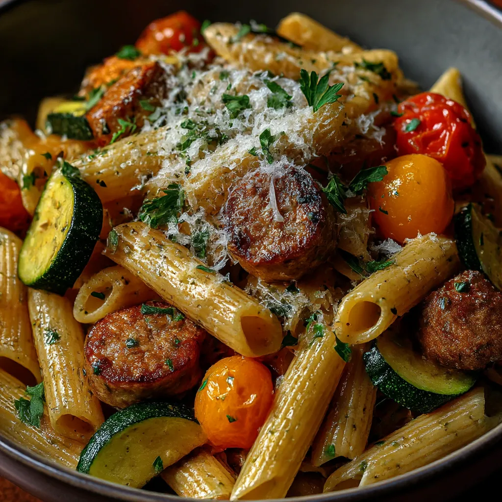 Ein Schälchen mit Pasta, Zucchini, Tomaten, Zwiebeln und Sausage.