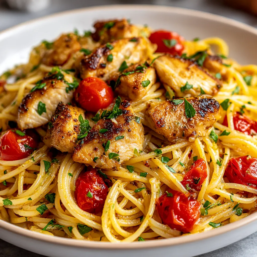 Ein weißer Teller mit Pasta, Tomaten, Zwiebeln und Chicken.