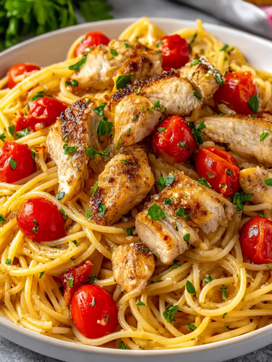 Eine Platte mit Spaghetti und Zwiebeln, die mit Chicken und Tomaten garniert sind.