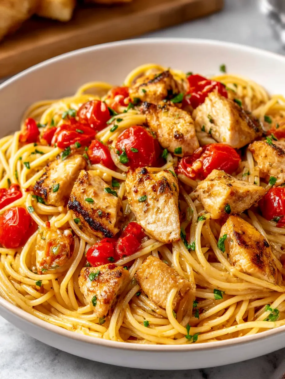 Ein Bogen Spaghetti mit Chicken und Tomaten.