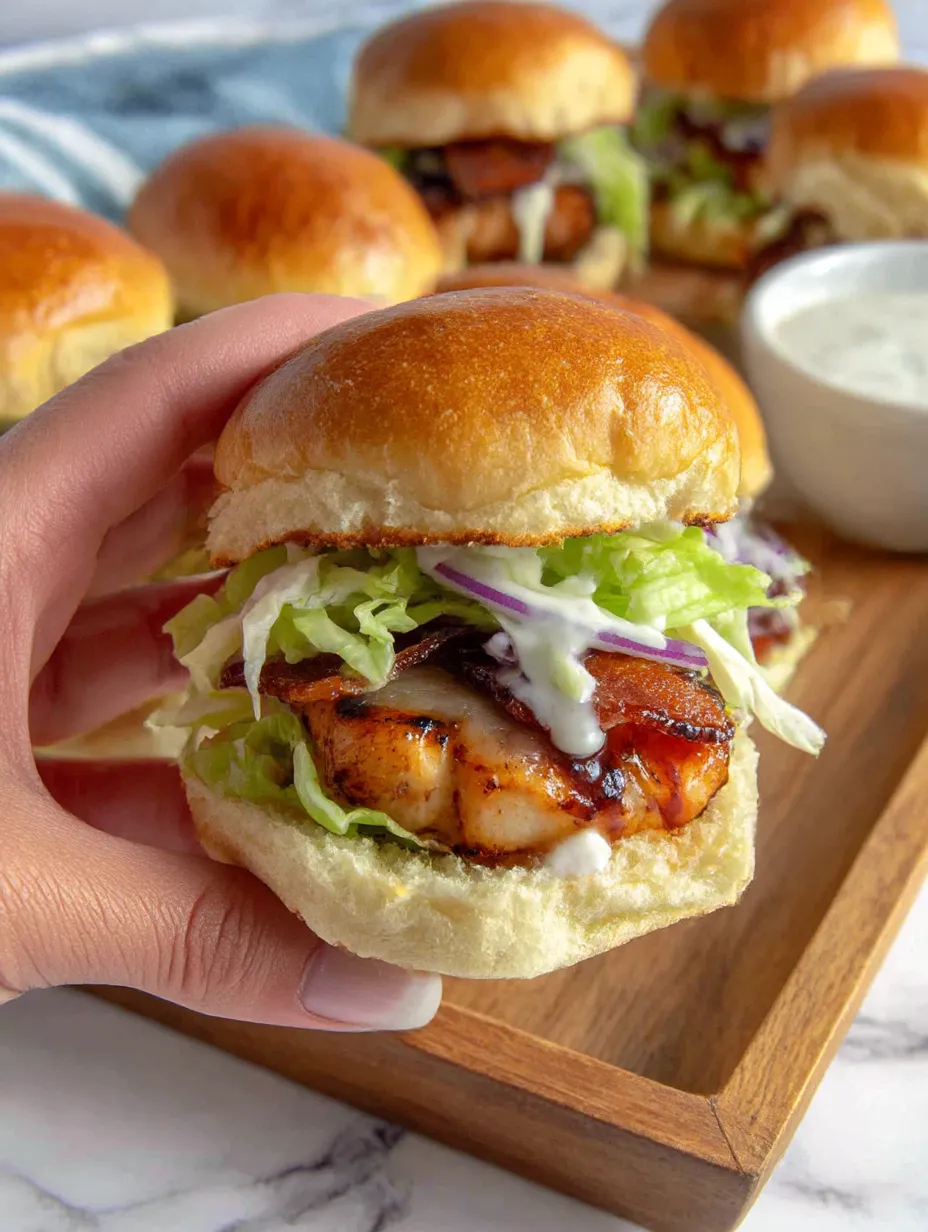 Eine Hand hält ein Bacon-Chicken-Sandwich, das mit Lettuce und Mayonnaise zubereitet wurde.