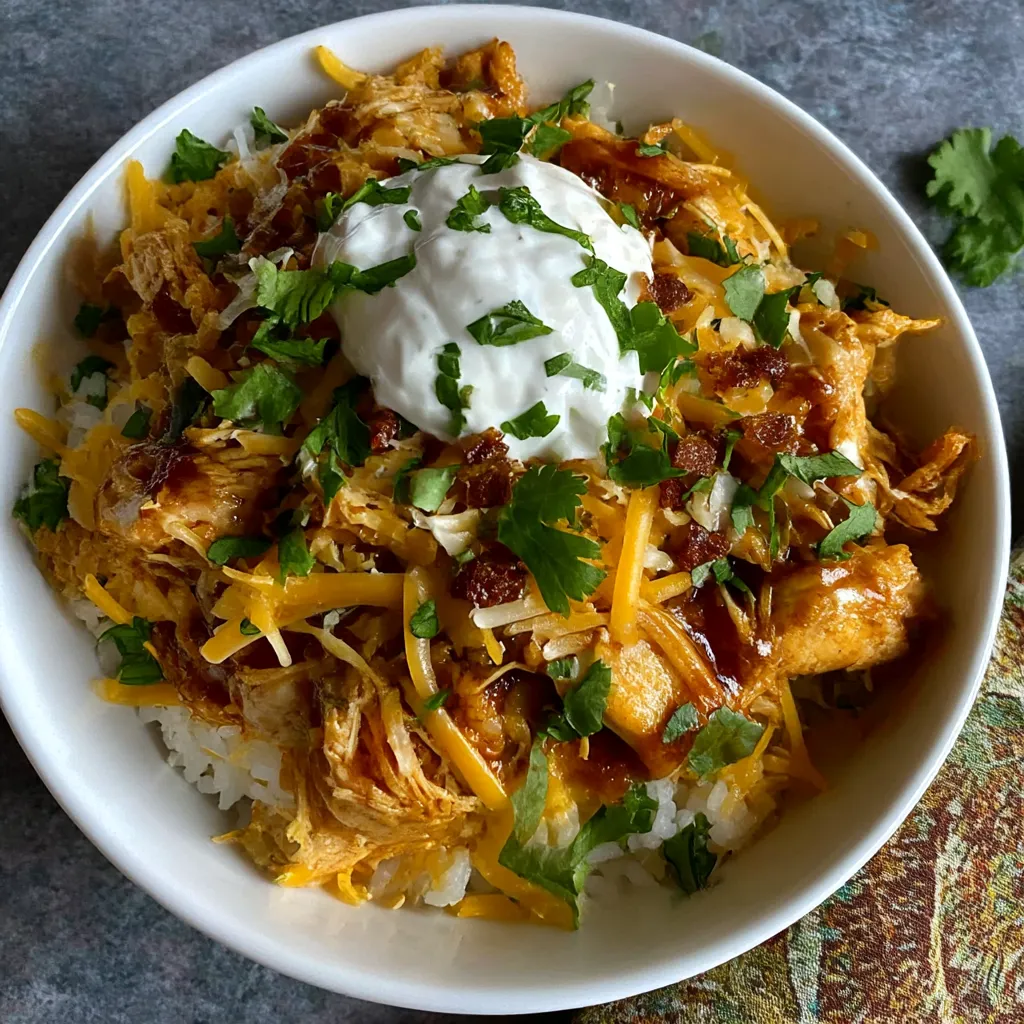 Ein weißer Teller mit einer Macro-freundlichen BBQ Ranch Chicken Bowl, die 42g Protein enthält.