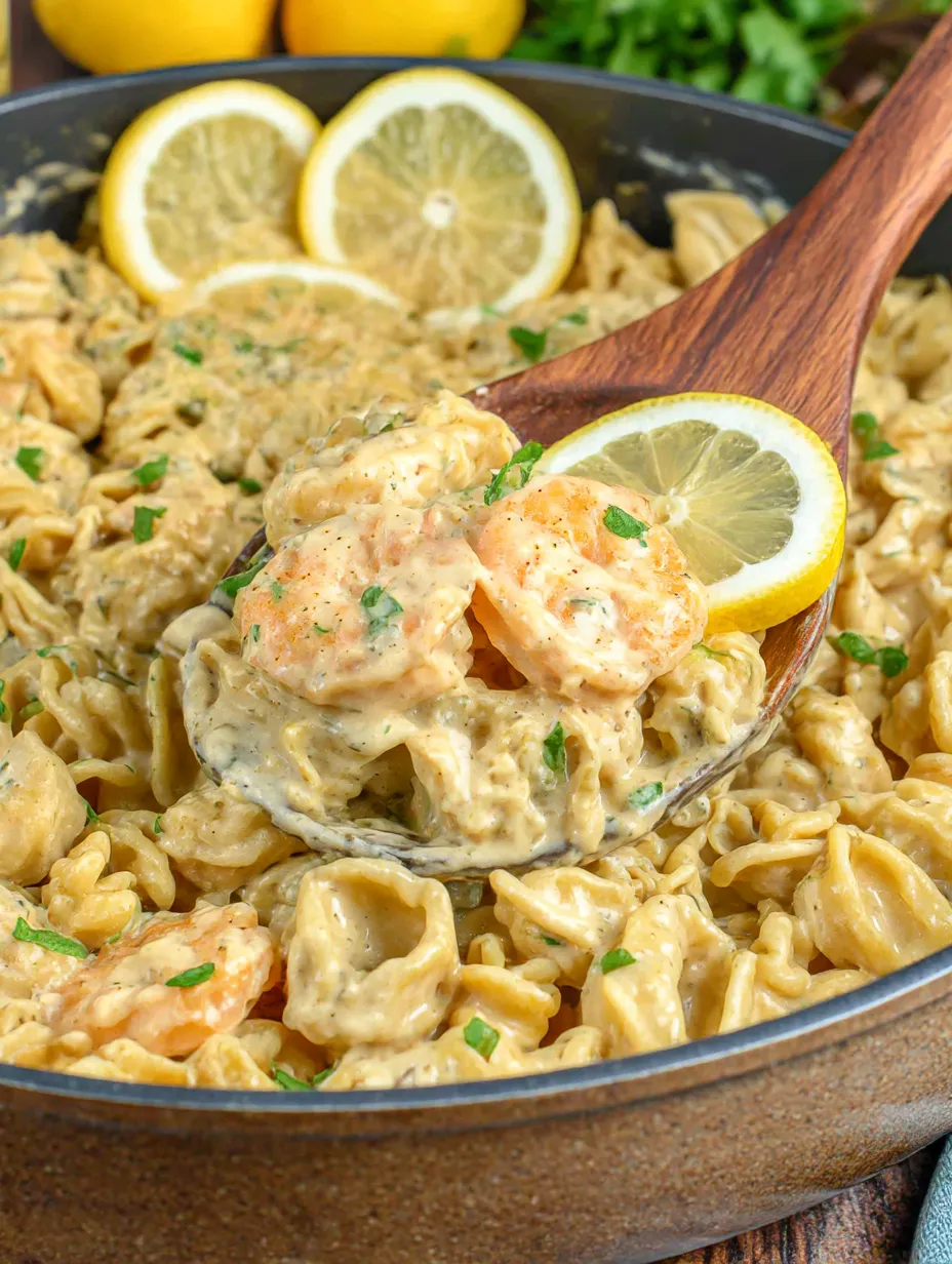 Eine Schüssel mit Pasta, Käse, Zwiebeln und Shrimp.