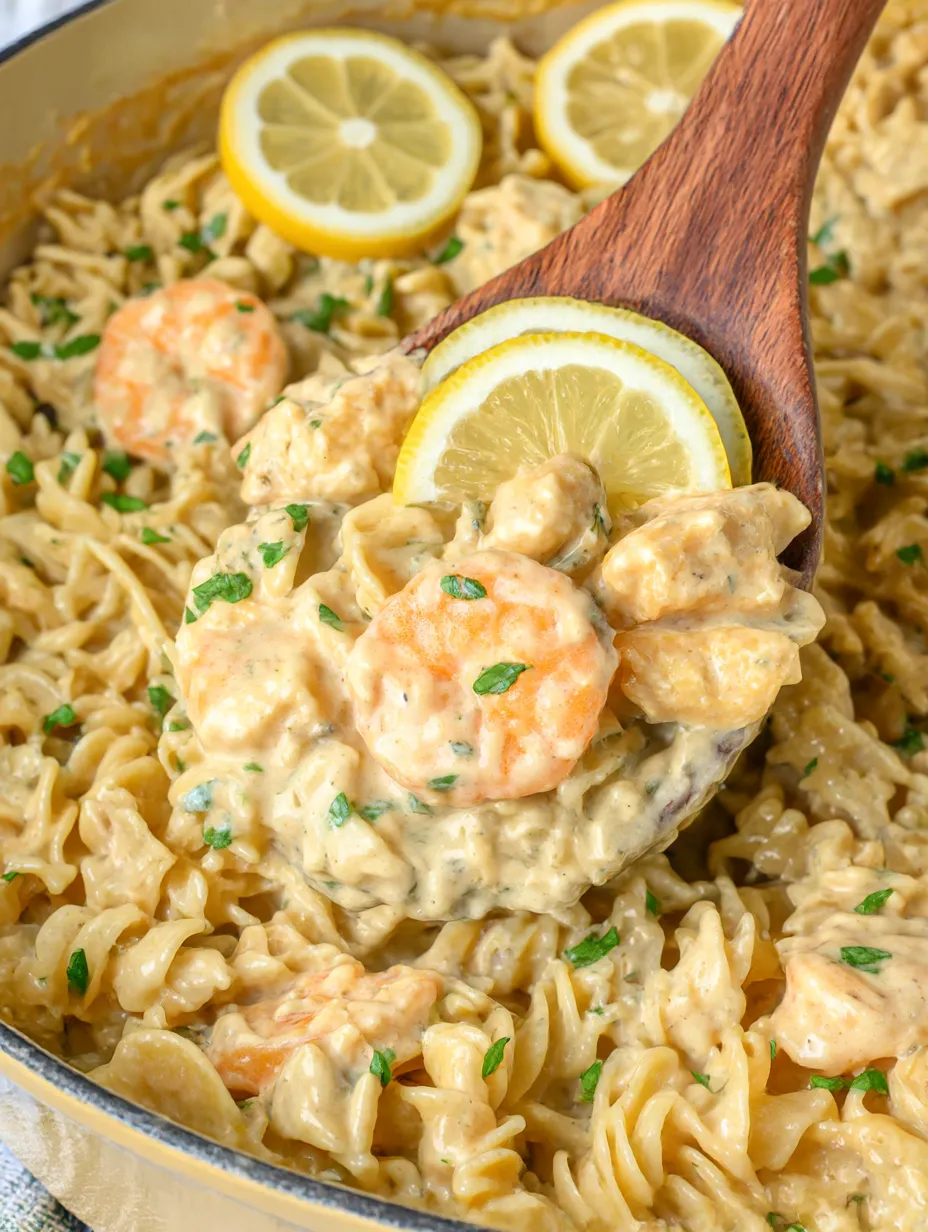 Eine Schüssel mit Pasta, Zwiebeln und Käse, garniert mit Zitronen.
