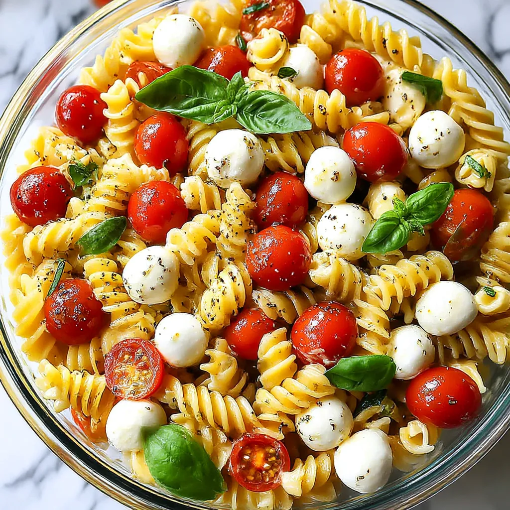Ein Glas mit Pasta, Tomaten, Basilikum und Mozzarella.