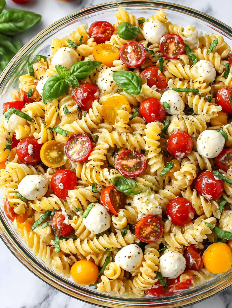 Ein Glas mit Pasta, Tomaten, Basilikum und Mozzarella.